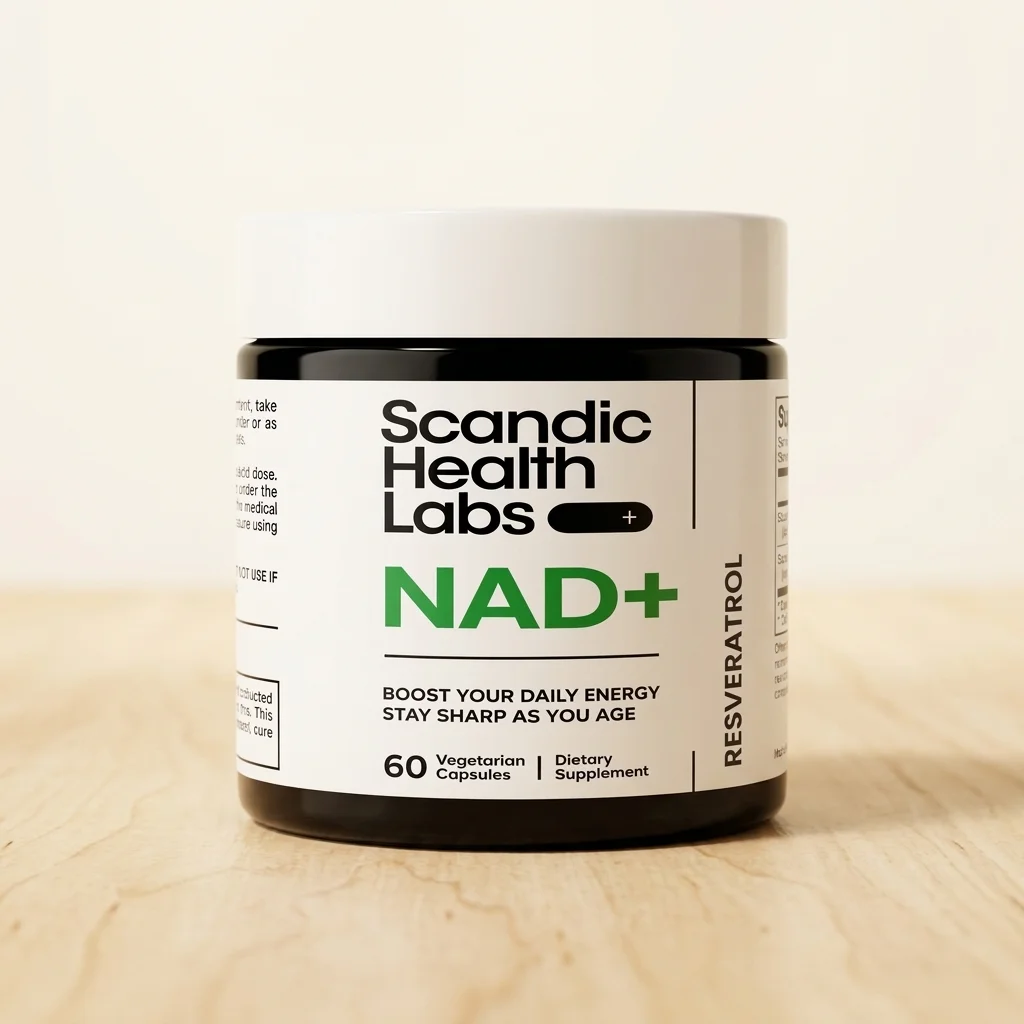Scandic Health Labs NAD+ toidulisandi pudel puhtale skandinaavia pinnale asetatud pehme loodusliku valgusega
